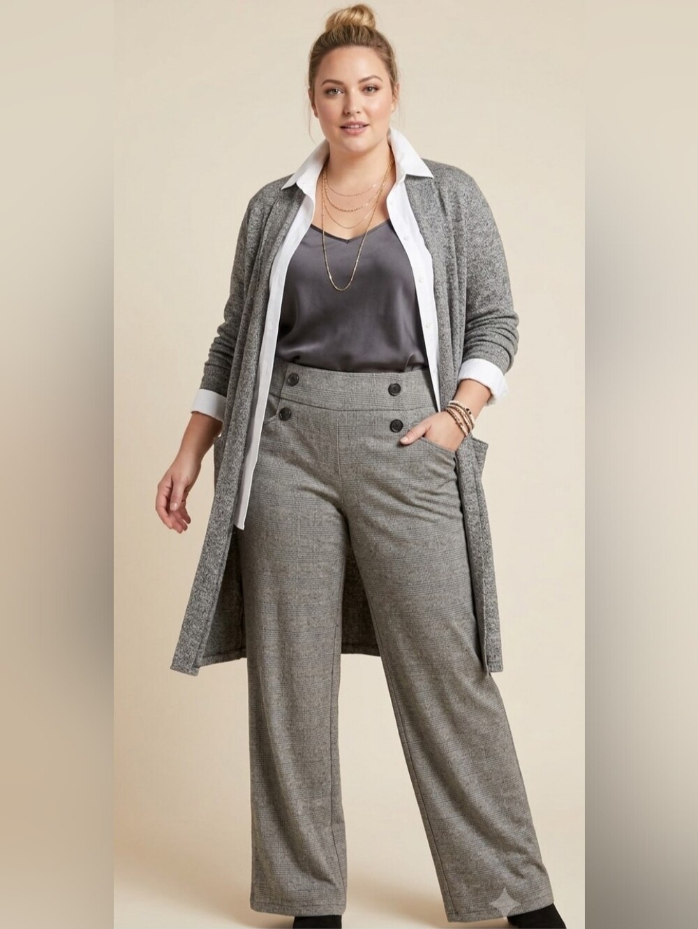 Classic Gray Glen Plaid Wide Leg Confortable Pull-On Dress Pants